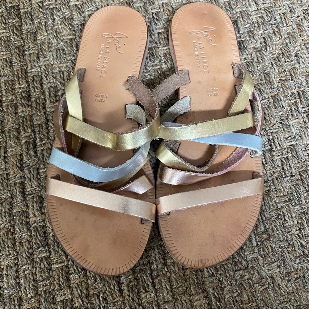 JOIE A La Plage Strappy Metallic Leather Sandals Gold Silver Rose Gold Sz 38